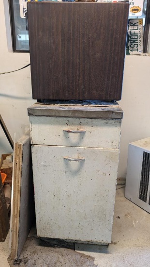Mini Fridge, Cabinet, and Stainless Surface