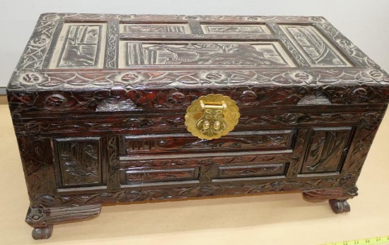Ornate Asian Carved Trunk with Brass Hardware