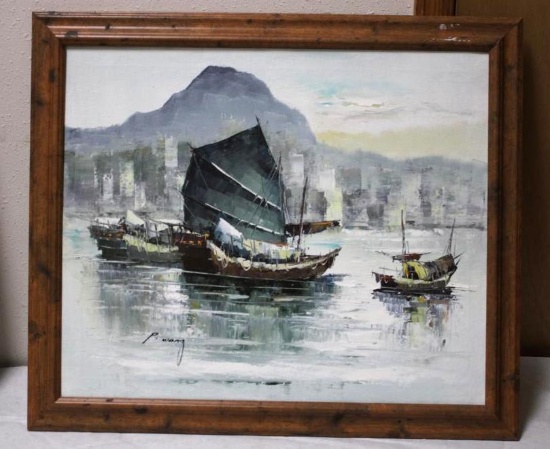 Amazing Original Oil on Canvas by P. Wong Showing Chinese Boats with Skyline Backdrop