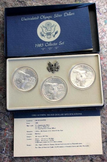 1983 Olympic Silver Dollar Set- 3 US Silver Dollars Mints P, D, and S