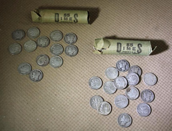 Two Rolls of Fifty Mixed Silver-Content Mercury and FDR Dimes Up to 1964