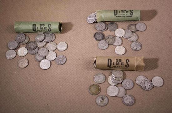 Three Rolls of Fifty Mixed Silver-Content FDr and Mercury Dimes