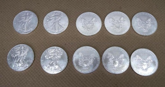 Ten 2011 American Silver Eagle 1 oz 999% Fine Silver Coins