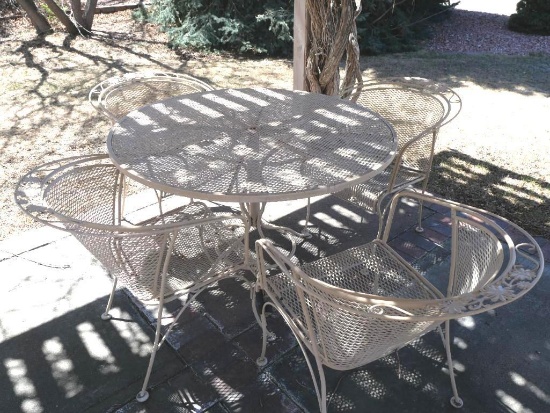 Tan Colored 48" Metal Patio Table with Four Chairs