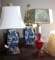 Asian Style Porcelain Lamps and Red Enamel Lamp with Illustrated Shade
