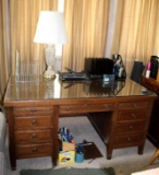Excellent Large Wood Office Desk by Central Desk, Chicago with Lamp and Contents