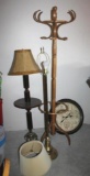 Wood and Brass Floor Lamps, Wood Coat Tree and Large Map Clock
