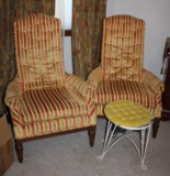 Pair of High-Back Velveteen Arm Chairs by Woodmark Originals and Stool