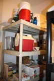 Storage Shelf and Contents like Light Fixtures, Waffle Maker, Lightbulbs, and More
