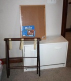 Shoe Storage Box with Shoes, Wood Luggage Rack, and Bulletin Board