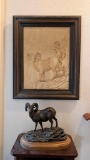 Bronzed Ram and Leather Tooled Framed Art