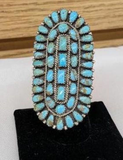 Artist Marked Larry Moses Begay 48 Stone and Sterling Zuni Ring