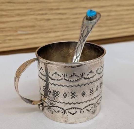 Sterling Stamped Cup and Turquoise Set Spoon