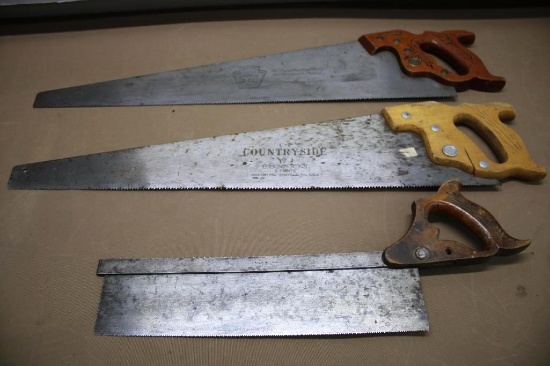 Two Henry Disston Hand Saws and Diamond Edge Back Saw