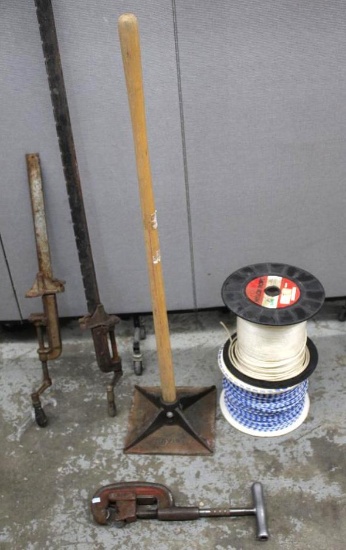 Large Iron Clamps, Olympia 10x10" Tamper Tool and Two Rope Spools