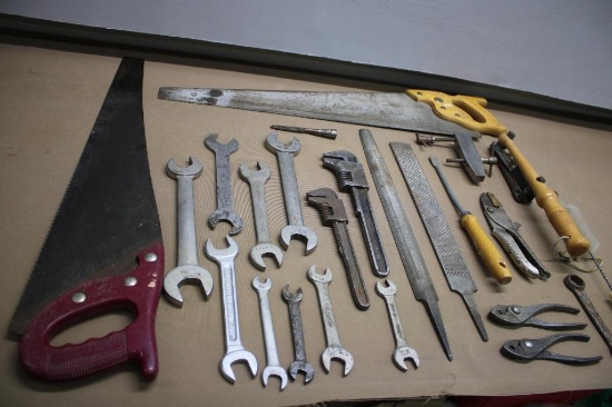 Two Hand Saws with Mixed Wrenches, Metal Files, and More
