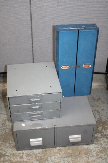 Two Metal Drawer Cases and Blue Metal Happi-Time Tool Box with Hand Tools