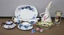 Five Pieces Antique Johnson Bros. Blue and White Fine Porcelain Dishes and Other Porcelain