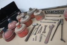 Assorted Hand Tools and Kerosene Road Flares