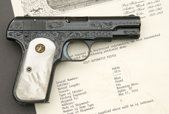 Factory Engraved Colt Model 1903 Pocket Hammerless Semi-Auto Pistol Shipped to Browning Bros.