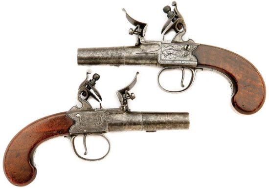 Pair of Flintlock Center-Hammer Screw Barrel Coat Pistols by Bunney of London