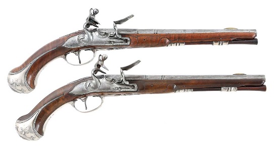 Fabulous Pair Of Silver Mounted Prussian Martial Holster Pistols by Johann Saps