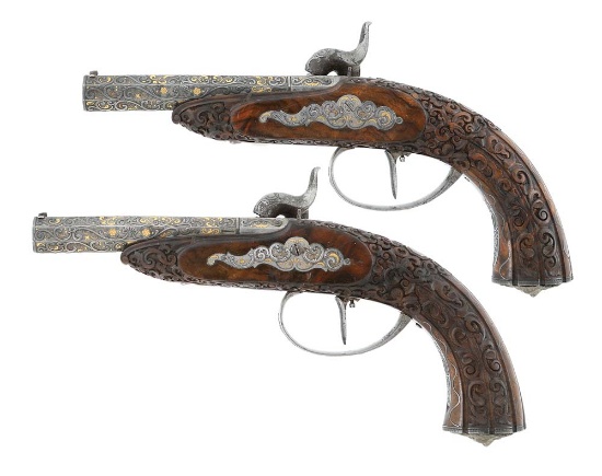 Exquisite Exhibition-Grade Pair of J Adam Kuchenreuter Percussion Pocket Pistols