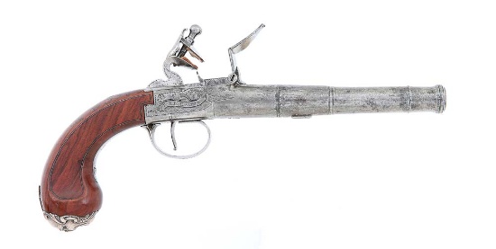 British Silver Mounted Center Hammer Queen Anne Flintlock Pistol by Thomas Richards