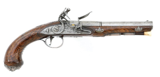 Very Fine Pair of 18th century British Silver-Mounted Flintlock Coat Pistols by Sanders