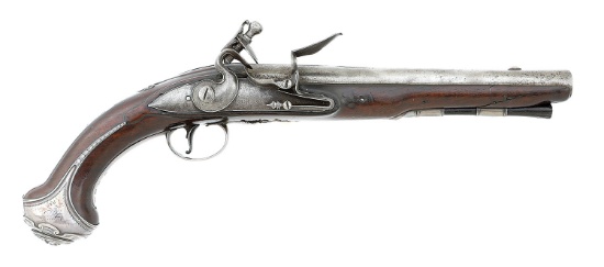 Pair of British Silver-Mounted Flintlock Coat Pistols by Barbar