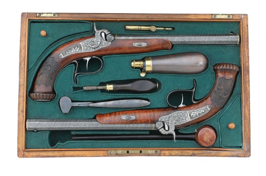 Ornate Pair of Czech Percussion Target Pistols by Schielhabl