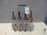 CARRIER & 4 GLASS QUART OIL BOTTLES