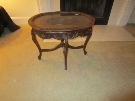 Glass Top Table with Carved Farm Scene