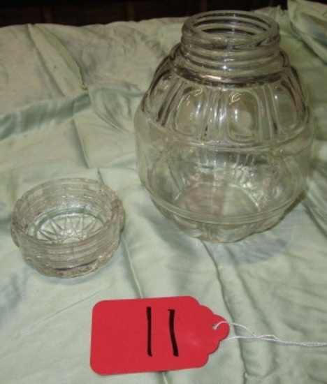 GLASS JAR WITH THREADED LID, CHIPPED