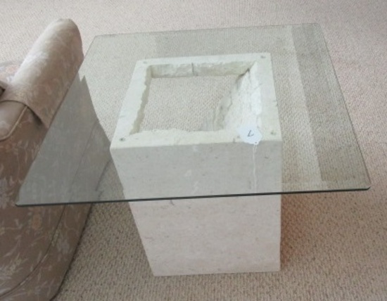 2 STONE STYLE END TABLES WITH GLASS TOPS