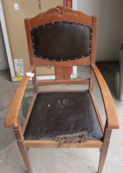 -Antique Oak Chair. Appears to be along Mission Style make. Leather backing and seat.