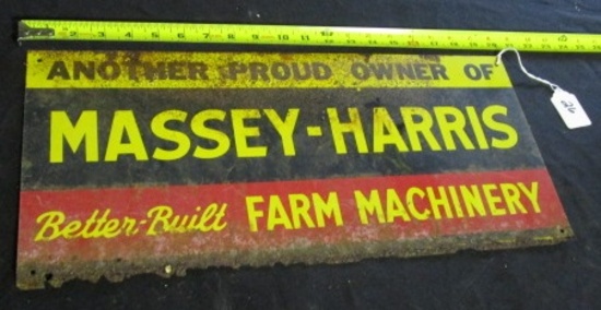 MASSEY HARRIS FARM EQUIPMENT SIGN, TIN, SINGLE SIDED, DAMAGE ON BOTTOM