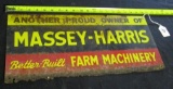 MASSEY HARRIS FARM EQUIPMENT SIGN, TIN, SINGLE SIDED, DAMAGE ON BOTTOM