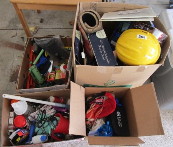 4 BOXES OF ITEMS, YELLOW HARD HAT