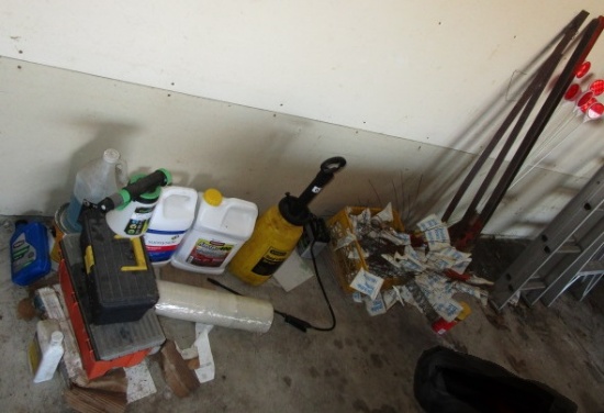 GROUP OF ITEMS INCLUDING SPRAYER, POSTS, TOOL BOXES