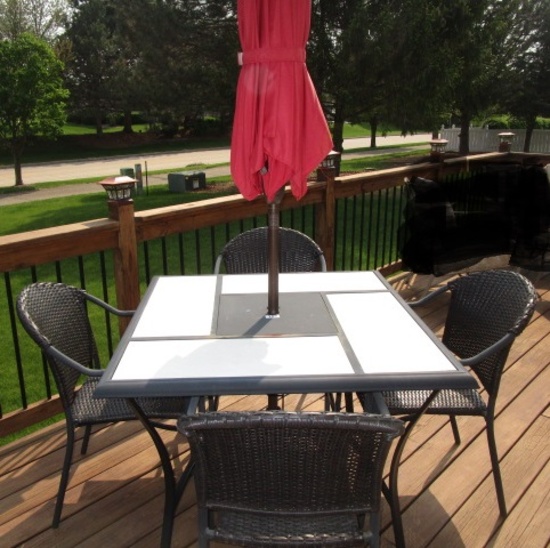 Outdoor table, umbrella, 4 chairs