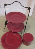 Longaberger wrought iron 2 pie server, 3 plates, small crock with lid