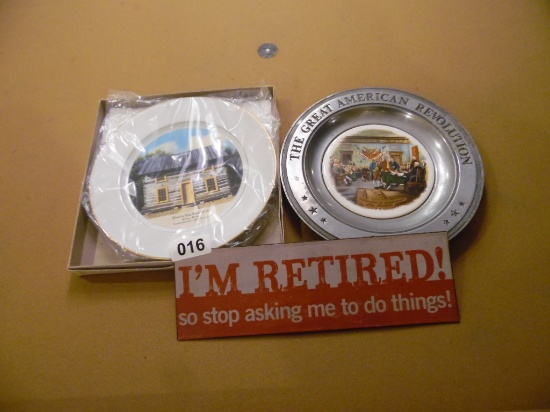 2 collectors plates and sign