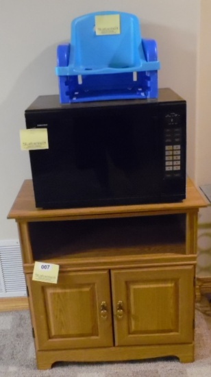 microwave, stand, and booster seat