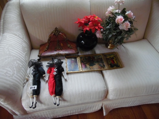 pair of porcelain dolls, picture, vase, group of items