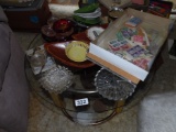 Glass top table, stamps, ashtrays