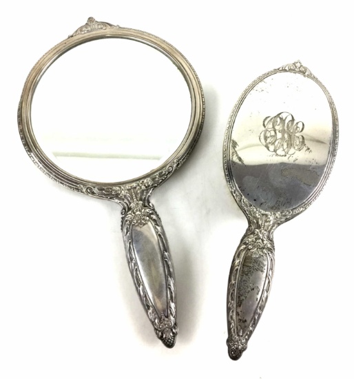 Antique Sterling Silver Vanity Mirror & Brush