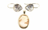 14k Gold Cameo Pendant & C-z Earrings