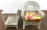 White Wicker Style Patio Arm Chair & Side Table