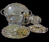 Assorted Vintage Silver Plate Trays, Pans, Pitcher